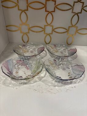 Vintage Japanese SOGA Glass Embossed 4 Bowls Clear Grapes Leaf Flower Tableware